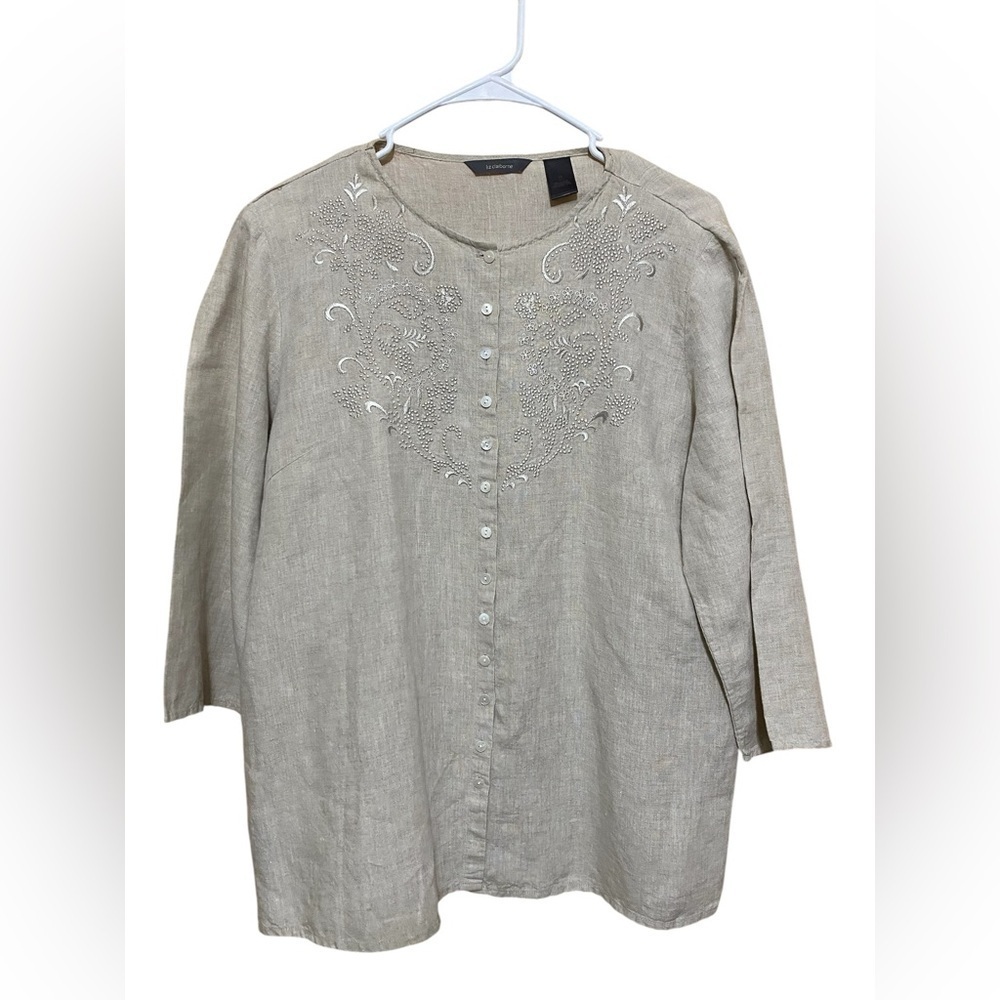 Liz Claiborne Linen, Tan, Embroidered Button Front Tunic Top, Size 14.